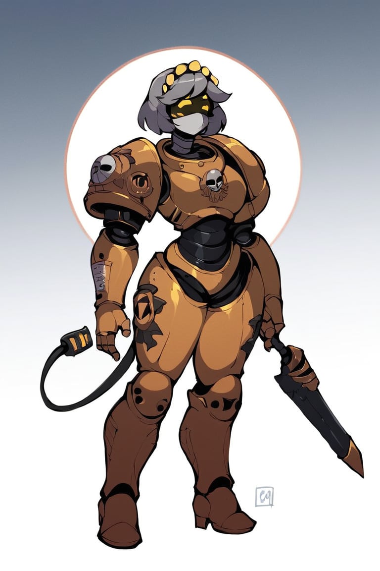 2D, score_9, score_8_up, score_7_up, BREAK, 1girl, solo,sdV, Grey Hair, Yellow Eyes, Robot, black Visor, Tail, full body, space marine armor, Knight armor