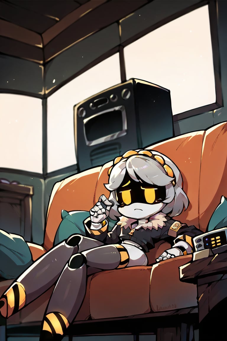 2D, score_9, score_8_up, score_7_up, BREAK, 1girl, solo,sdV, Grey Hair, Yellow Eyes, Robot, Visor, Black Jacket, Fur Trim, Thighhighs, in a cabin sitting on a couch, a television remote in hand