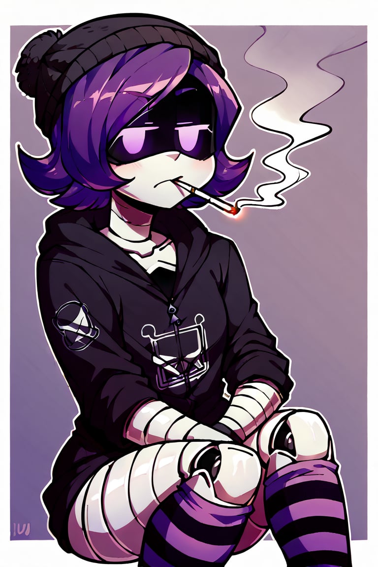 2D, score_9, score_8_up, score_7_up, BREAK, 1girl, solo,Uzi, Purple Hair, Purple Eyes, Robot, Visor, Black Hoodie, Beanie, Striped Socks, smoking