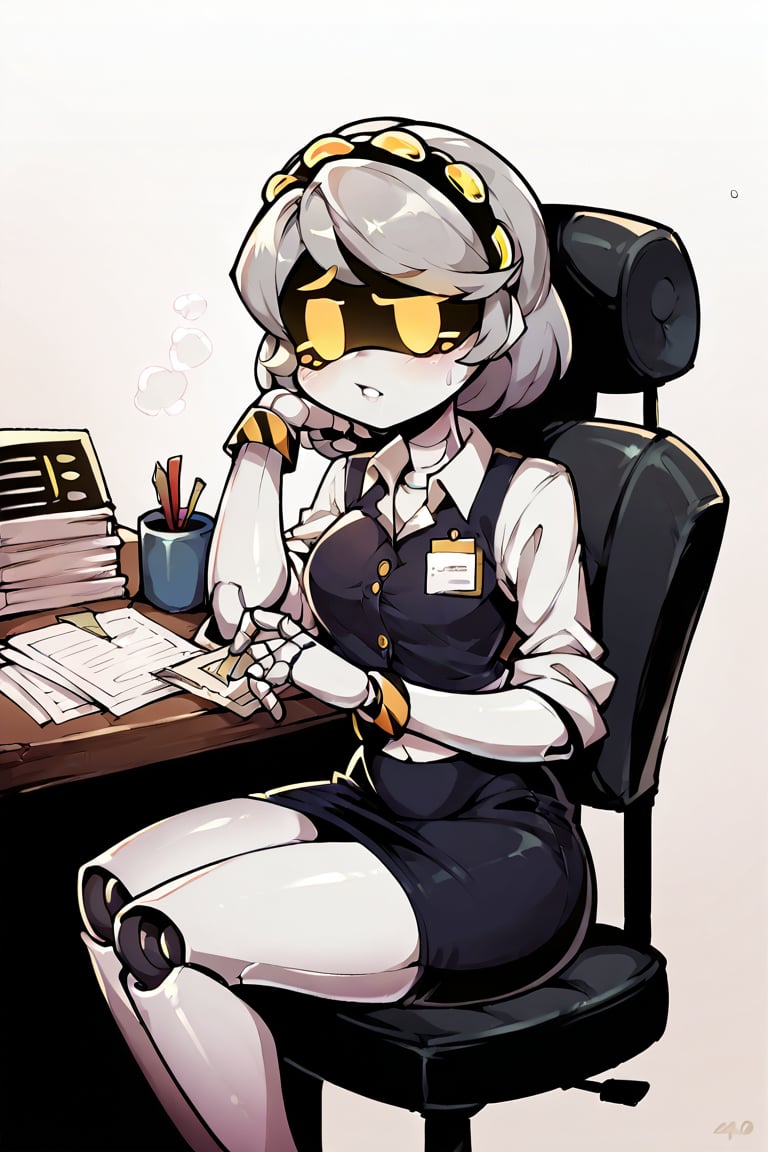 2D, score_9, score_8_up, score_7_up, BREAK, 1girl, solo,sdV, Grey Hair, Yellow Eyes, Robot, Visor, office attire, sitting in chair, working at desk, filing a report