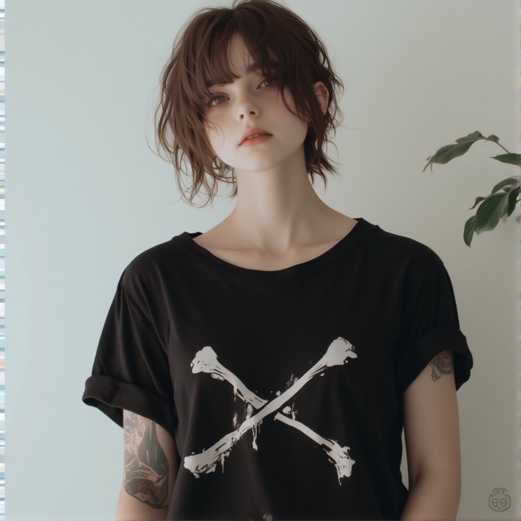 




Here’s an improved prompt incorporating the "cross bones t-shirt":

"A young woman with short, slightly tousled brown hair and delicate features, standing against a plain, light-colored background. She has a natural expression with a calm, neutral look, her eyes focused directly forward with a soft yet intense gaze. She is wearing a black t-shirt featuring a bold, white crossbones design across the chest, adding an edgy, rebellious touch to her otherwise simple look. The t-shirt contrasts against her clean, minimalist surroundings. The lighting is soft and even, highlighting the texture of the shirt and her natural beauty. A small plant with green leaves is partially visible in the background, adding a subtle organic element. The overall mood of the image is serene yet bold, blending a minimalist style with a touch of attitude."

This version includes the "crossbones" detail while keeping the overall feel of the original image.




