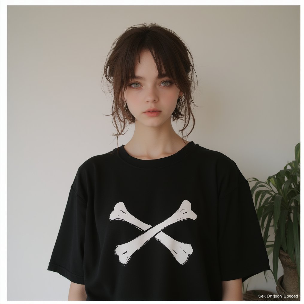 




Here’s an improved prompt incorporating the "cross bones t-shirt":

"A young woman with short, slightly tousled brown hair and delicate features, standing against a plain, light-colored background. She has a natural expression with a calm, neutral look, her eyes focused directly forward with a soft yet intense gaze. She is wearing a black t-shirt featuring a bold, white crossbones design across the chest, adding an edgy, rebellious touch to her otherwise simple look. The t-shirt contrasts against her clean, minimalist surroundings. The lighting is soft and even, highlighting the texture of the shirt and her natural beauty. A small plant with green leaves is partially visible in the background, adding a subtle organic element. The overall mood of the image is serene yet bold, blending a minimalist style with a touch of attitude."

This version includes the "crossbones" detail while keeping the overall feel of the original image.




