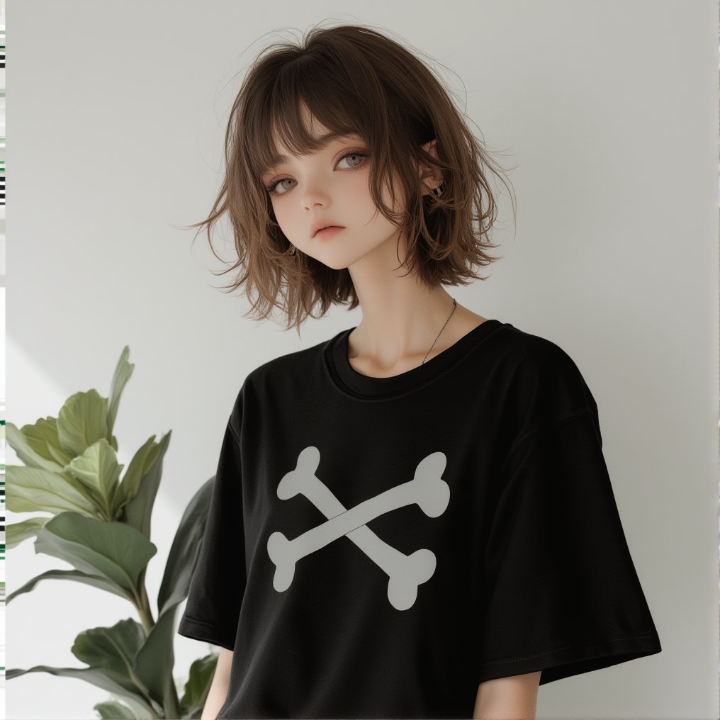 




Here’s an improved prompt incorporating the "cross bones t-shirt":

"A young woman with short, slightly tousled brown hair and delicate features, standing against a plain, light-colored background. She has a natural expression with a calm, neutral look, her eyes focused directly forward with a soft yet intense gaze. She is wearing a black t-shirt featuring a bold, white crossbones design across the chest, adding an edgy, rebellious touch to her otherwise simple look. The t-shirt contrasts against her clean, minimalist surroundings. The lighting is soft and even, highlighting the texture of the shirt and her natural beauty. A small plant with green leaves is partially visible in the background, adding a subtle organic element. The overall mood of the image is serene yet bold, blending a minimalist style with a touch of attitude."

This version includes the "crossbones" detail while keeping the overall feel of the original image.




