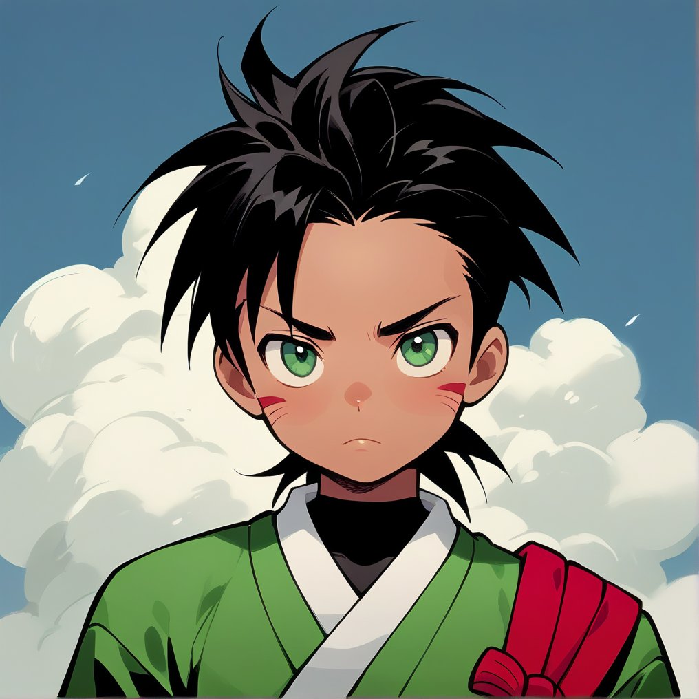 



Create a high-definition, detailed image of a young man resembling Mugen from Samurai Champloo. He has spiky black hair, tanned skin, and sharp eyes with a confident and mischievous expression. He is wearing a red and green outfit with a green strap over his shoulder. The background features a clear blue sky with a few white clouds, adding a sense of openness and freedom. The style should be anime-inspired, capturing the character's unique hairstyle, facial features, and confident demeanor, characteristic of Mugen from Samurai Champloo.






