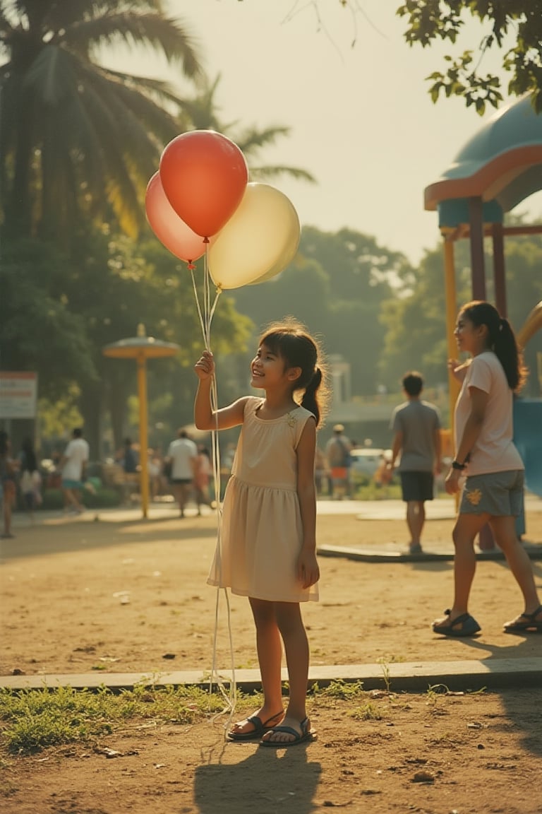 A 1990s Malaysian park scene with a young girl, aged 6-8, holding a colorful balloon in her hand. She is dressed in a simple dress and sandals, with her hair tied back in a ponytail. The scene is bathed in warm, golden sunlight, casting long shadows. The girl stands near a playground, her expression joyful as she gazes at the balloon. The background includes lush greenery, distant park paths, and occasional passersby, capturing the playful ambiance of a 1990s Malaysian park.