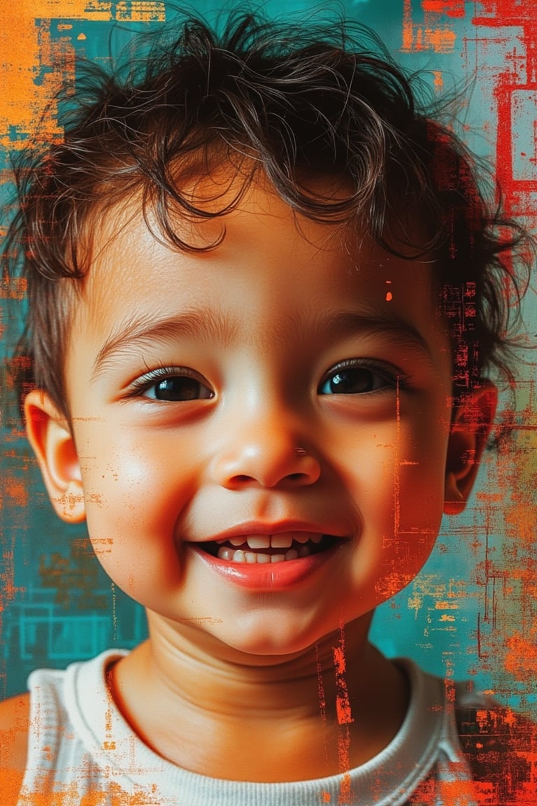 A mixed media portrait of a cute baby boy, framed close-up with soft, warm lighting. The baby boy is smiling, his features detailed with intricate textures. The background is abstract and vibrant, blending digital and traditional elements.