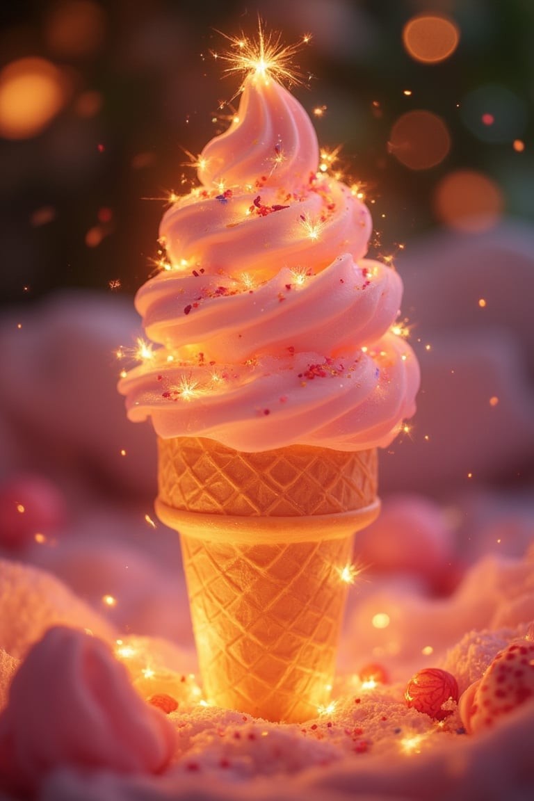 A delectable ice cream cone, its surface glowing with a soft, sparkling light, topped with colorful sprinkles that glisten in the light. The lighting is warm and inviting, highlighting the creamy texture and vibrant colors of the ice cream and sprinkles. The composition is centered, with the ice cream cone in a playful, inviting pose, surrounded by a cozy, summery setting. The scene captures the joy and allure of the glowing ice cream, with a focus on its delicious form and the enchanting sparkle.