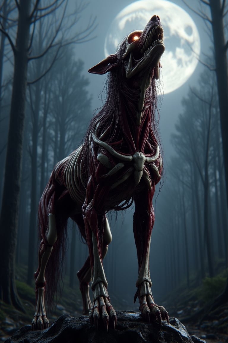 A realistic, detailed depiction of JengLord's FLUX SKELETON creature, a wolf-like entity with skeletal features. The scene is set in a dark, eerie forest, with the wolf standing majestically on a rocky outcrop. The lighting is dim, with moonlight casting a pale glow on the creature's bones, highlighting its menacing yet elegant form. The composition is dynamic, with the wolf's head tilted slightly upwards, as if howling at the moon. The background is blurred, focusing attention on the skeletal wolf's intricate details and glowing eyes.,crimson muscles and veins inner intricate render,cycles 4d render,CryEngine 7 optimization,ambient occlusion,7d Unreal Engine 12 textured,124k ultra HD Resolution