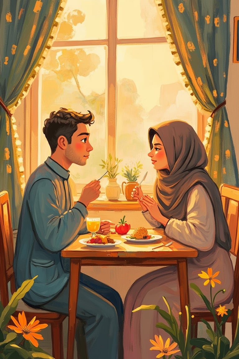 A Tove Jansson-inspired illustration of a Malay woman wearing a hijab and a loose cloth abaya, sitting with a Malay man at a breakfast table in the morning. The soft, warm light of dawn highlights their relaxed expressions and the intricate details of their traditional attire. The composition is intimate, with the couple seated close, sharing a meal. The background features a cozy, homey setting, creating a harmonious and serene atmosphere.