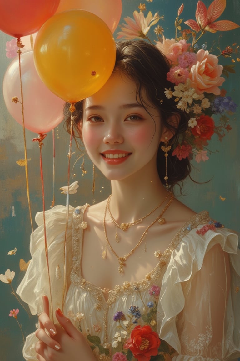 A girl in a Pixomeda style, vibrant and surreal. She is framed in a mid-shot, holding a balloon with a happy expression. Soft, warm lighting highlights her elegant features and joyful demeanor. Her pose is relaxed, with a bright smile. The composition is balanced, with intricate details and a dreamlike atmosphere. The background is abstract and colorful, enhancing her playful and ethereal presence.