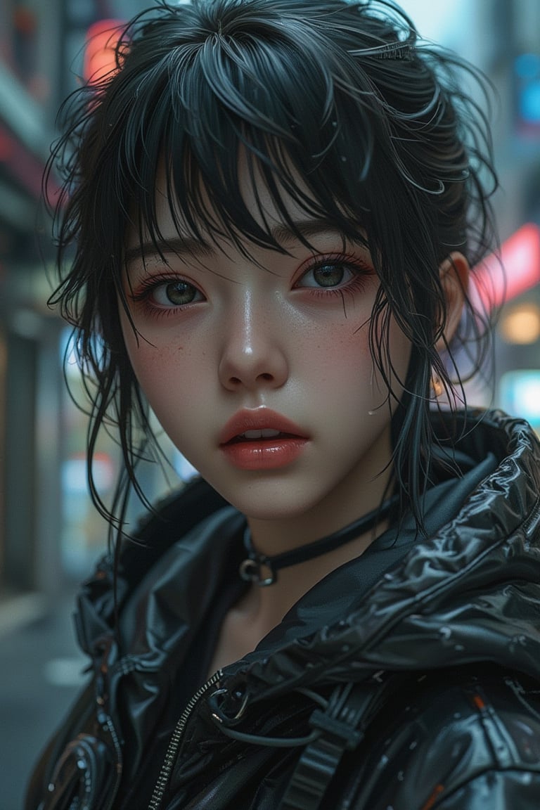 Hyper-realistic anime girl, close-up face, wearing hacker clothes, mysterious expression, soft lighting, centered composition, detailed facial features, cool skin tones, intense eyes, slight smirk, urban background, dark color palette, slight shadows, calm atmosphere, modern tech elements in the background.