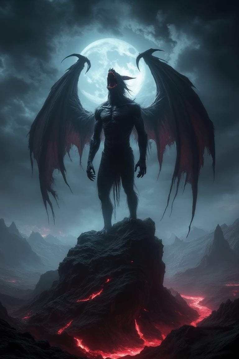 Wide shot of a demonic, creepy creature standing on a hill at dusk, its shadowy form towering over the landscape. The creature has glowing red eyes and jagged, dark wings, its claws gripping the rocky terrain. The sky is filled with swirling dark clouds, casting an eerie, ominous glow on the scene. The creature's pose is menacing, with its head tilted back as if howling at the moon. The composition emphasizes the vast, desolate hill and the creature's dominance over the environment.