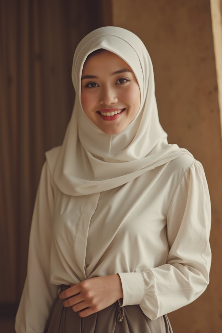 A pretty Malay woman in her 20s, wearing a plain hijab, standing with a gentle smile. She is dressed in 70s-style clothing, with a modest blouse and long skirt. The scene is softly lit, capturing a warm, nostalgic atmosphere. The composition frames her from the waist up, focusing on her serene expression and traditional attire.