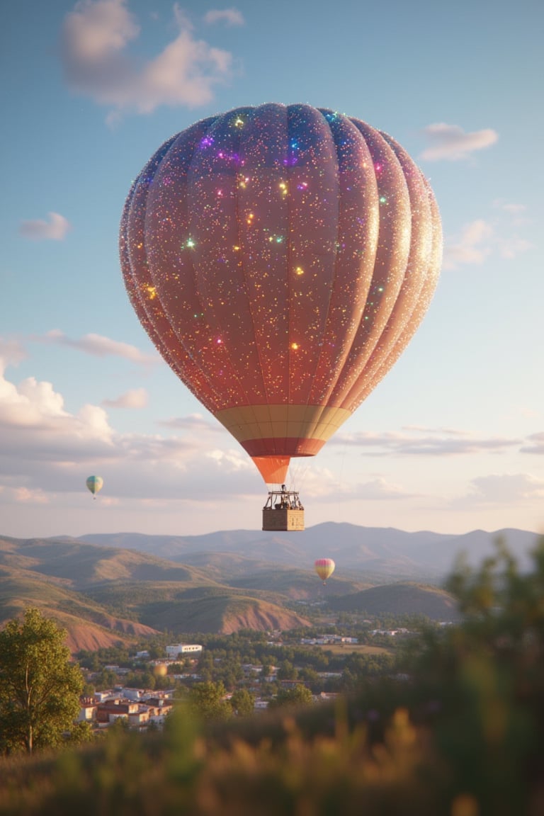 3D CG rendering of a hot air balloon floating in the sky, wide shot, with glitter effects on the balloon, soft natural lighting, serene atmosphere, and a picturesque landscape background.