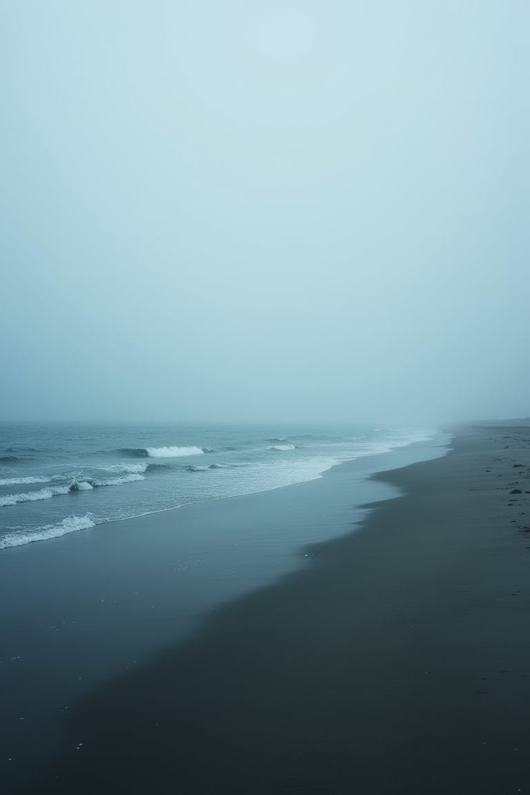 A vast, empty liminal space, a wide ocean stretching endlessly in all directions. The horizon is barely visible, blending the sky and sea into a hazy, undefined boundary. The composition is wide-angle, capturing the vastness and solitude of the scene. The lighting is soft and diffused, with a muted palette of blues and grays. The ocean is calm, with gentle waves lapping at the shore, creating a serene yet eerie atmosphere. The location is a deserted, otherworldly coastline, evoking a sense of mystery and isolation.