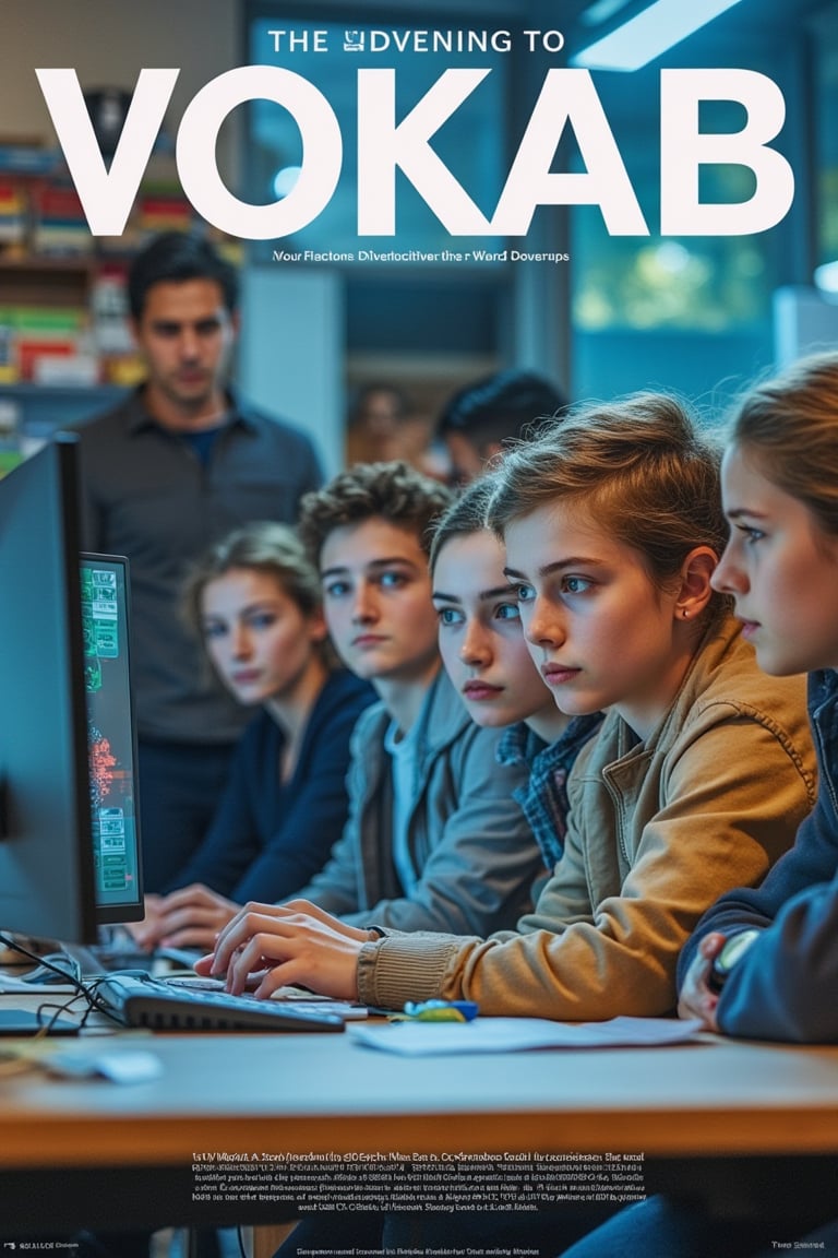 captivating magazine photo cover for VOKAB featuring a group of students learning AI from a PC. Mid-shot, capturing their focused expressions and interaction with the computer. Soft natural lighting, with a modern classroom setting. The composition is dynamic, with students gathered around the PC, creating an engaging and educational atmosphere. The background is minimalistic, emphasizing their collaborative learning environment.