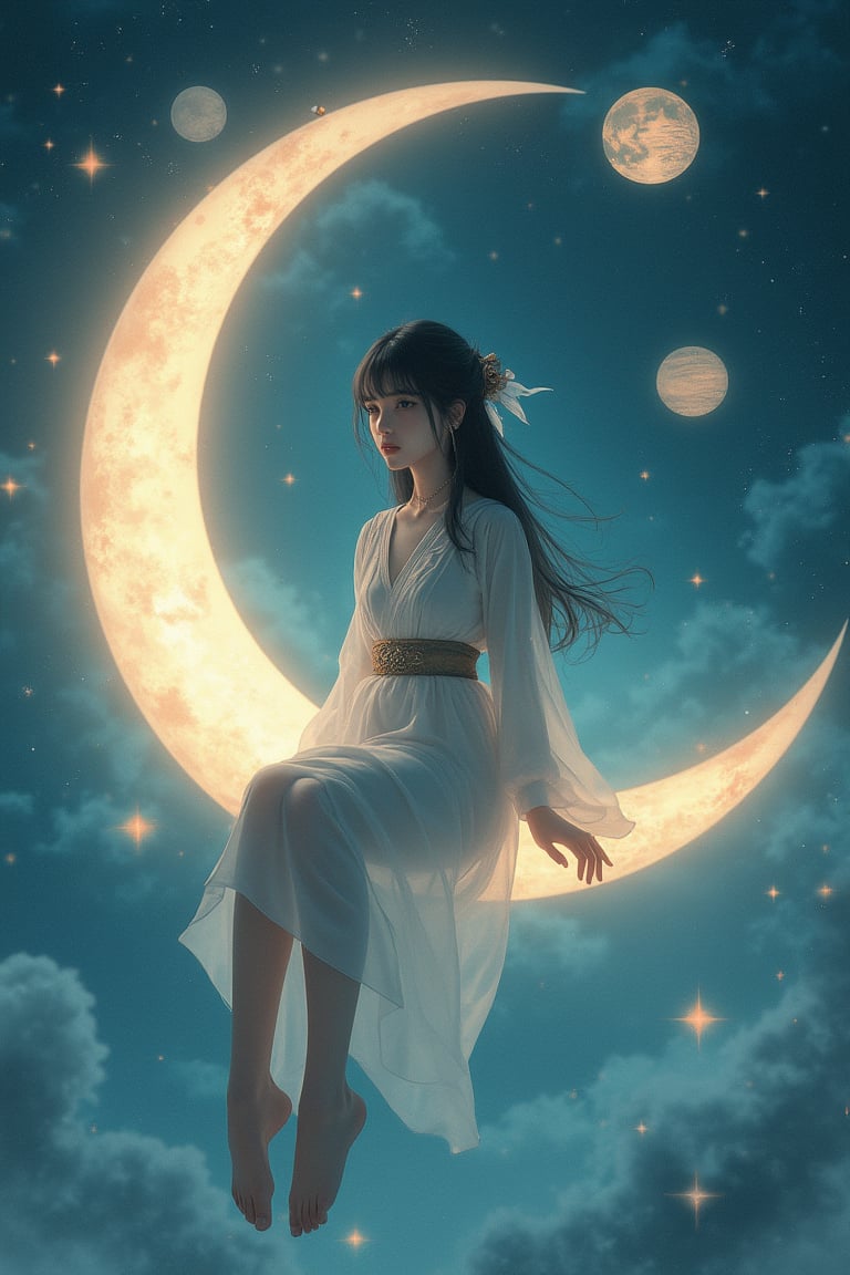 A high-quality, high-resolution wallpaper featuring a girl in Hanfu sitting on a crescent moon, wearing silk stockings and barefoot. She is surrounded by dreamy planets, viewed from the feet upwards, creating a mysterious and romantic atmosphere. The image is of the best quality and a masterpiece, capturing the ethereal and enchanting scene with intricate detail.