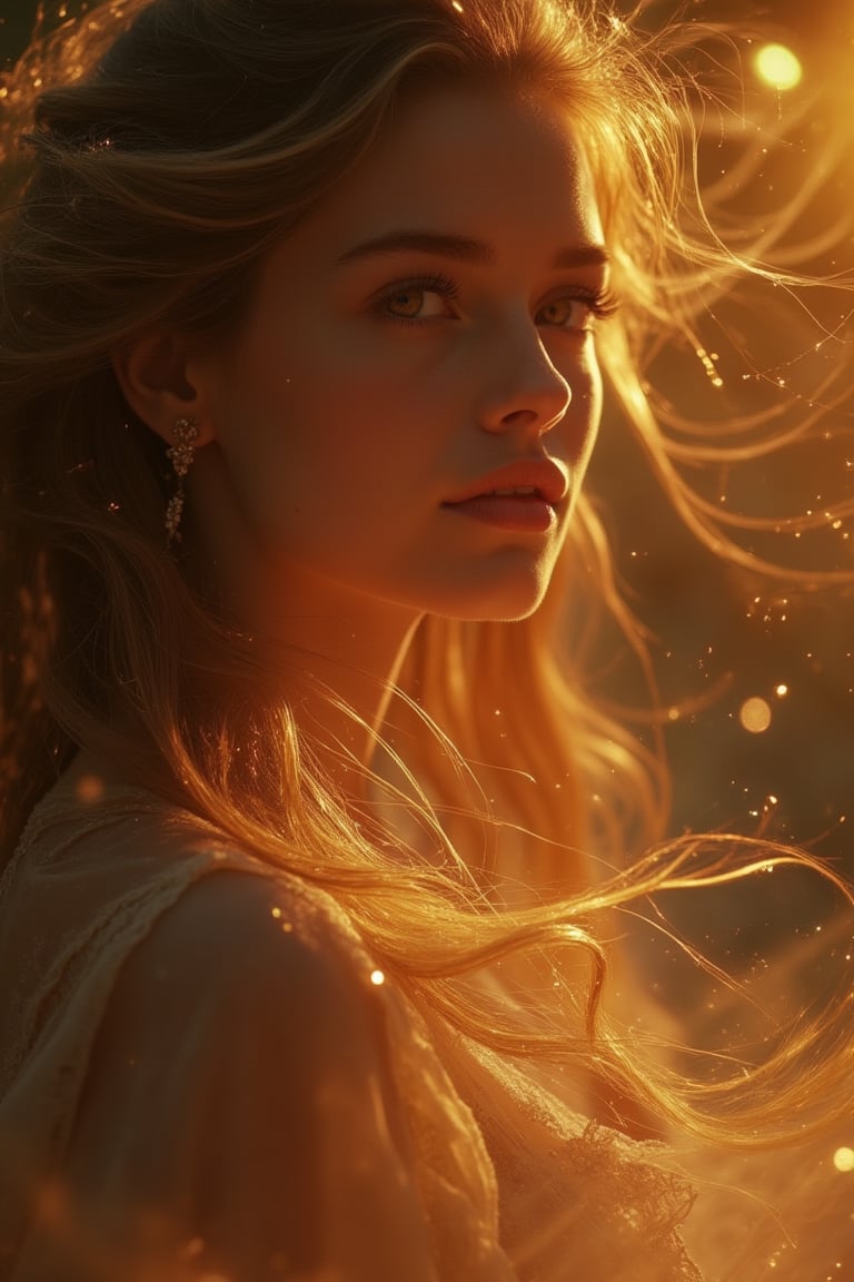 Close-up portrait of a pretty woman with flowy hair, illuminated by soft, warm lighting. The composition focuses on her serene expression and the gentle movement of her hair, with the light highlighting the intricate details of her features and hair. The background is slightly blurred, drawing attention to the woman's graceful presence. The overall mood is elegant and tranquil.