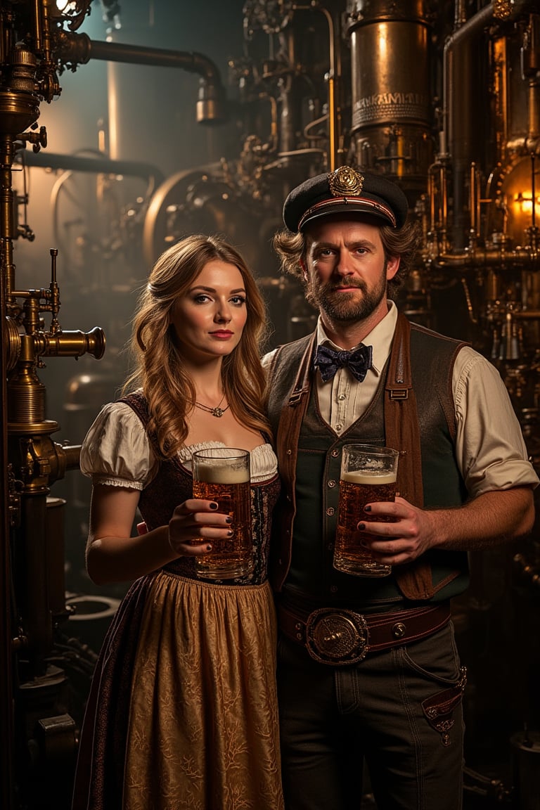 A steampunk ambience with a lady and a man dressed in Oktoberfest attire in the foreground, surrounded by intricate gears and brass machinery. The scene is illuminated by warm, ambient lighting, casting long shadows. The lady is wearing a dirndl, and the man is in lederhosen, both holding steins of beer. The background features a steam engine and various mechanical contraptions. The composition is balanced, with the couple in the center, framed by the detailed steampunk environment.