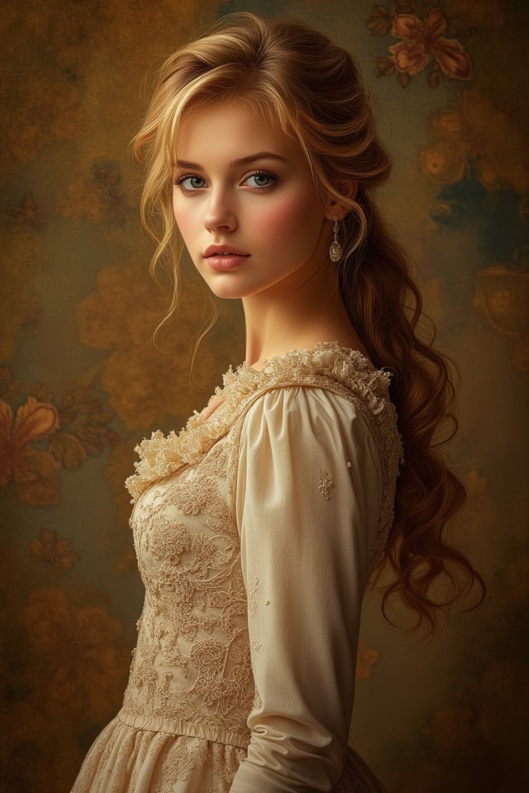 A Jules style portrait of a beautiful woman with long, flowing blonde hair, wearing an elegant Victorian dress. The image is framed in a medium shot, capturing her full figure and intricate dress details. Soft, warm lighting enhances her features, with a subtle background that complements her timeless beauty.