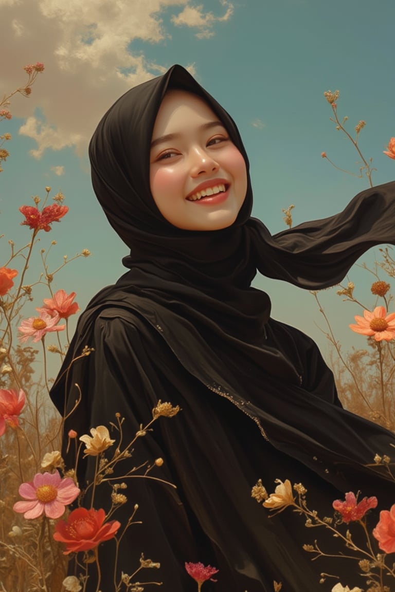 A pretty cute Malay girl in a Pixomeda style, vibrant and surreal. She is framed in a mid-shot, wearing a black hijab and a black-blue abaya, with a sweet expression. Soft, warm lighting highlights her elegant features and joyful demeanor. Her pose is relaxed, with a bright smile as the wind gently blows her abaya. The composition is balanced, with intricate details and a dreamlike atmosphere. The background is abstract and colorful, enhancing her cultural and ethereal presence.