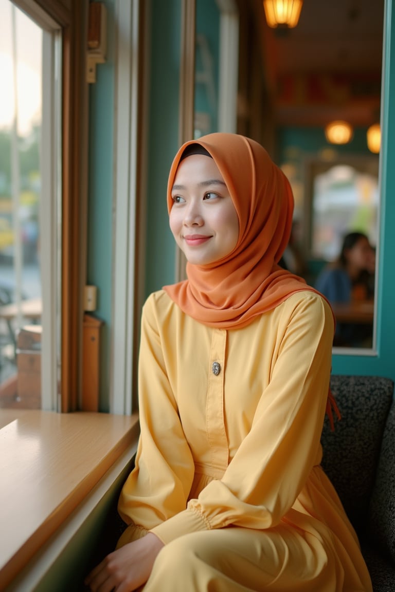 A young lady, wearing a baju kurung, fashionista style, long loose pastel hijab, plain yet vibrant color cloth, sitting in a cafe, looking outside from a cafe window, medium shot, warm cafe lighting, composition centered on her stylish outfit and contemplative expression, cozy and vibrant atmosphere.