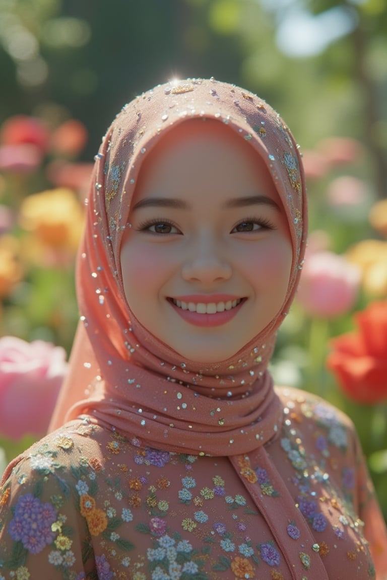 3D CG rendering of a pretty Malay woman in a garden, close-up shot, wearing a hijab and baju kurung with glitter effects, soft natural lighting, happy expression, and a lush, blooming garden background.