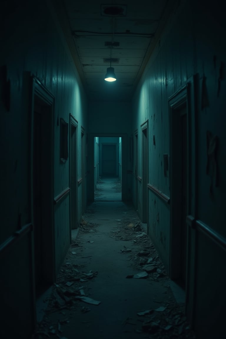 A cinematic close-up shot of a dimly lit, eerie hallway in an old, decrepit house. The walls are peeling, with dark shadows lurking in the corners. The camera slowly pans down the hallway, revealing a flickering light at the end. The atmosphere is tense and unsettling, with a sense of impending horror. The composition draws the viewer's eye towards the source of the light, creating a suspenseful and ominous mood.