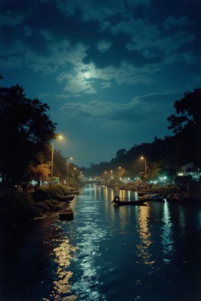 A 1990s nighttime view of a river in Malaysia, with the scene bathed in soft, ambient lighting from nearby street lamps and the moon. The river is calm, reflecting the dim glow of the lights and the starry sky. The banks are lined with trees and bushes, casting long shadows. A few boats are moored along the shore, their silhouettes barely visible in the low light. The atmosphere is peaceful and tranquil, capturing the essence of a 1990s Malaysian night by the river.