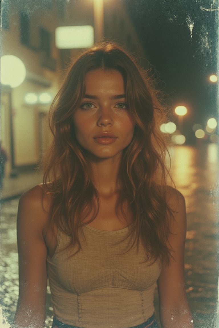 An expired Polaroid photo of a Spanish girl with long, voluminous light brown hair, a round face, and green eyes, wearing jackets,standing in a night city. The image is captured with a camera flash, giving it a futuristic, romantic feel with jewel tones. There is motion blur and the photo is slightly out of focus, creating a dreamy, blurred effect. The black and white photo is taken at night with ISO 100, adding to the nostalgic, blurred quality.