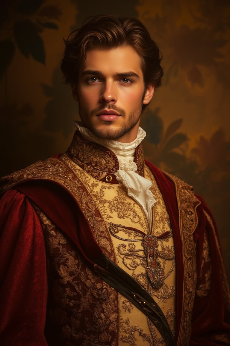 A Jules style portrait of a handsome prince charming, dressed in luxurious Victorian clothing. The image is framed in a medium close-up, capturing his regal attire and confident expression. Soft, warm lighting highlights his features, with a detailed background that evokes a sense of grandeur and elegance.