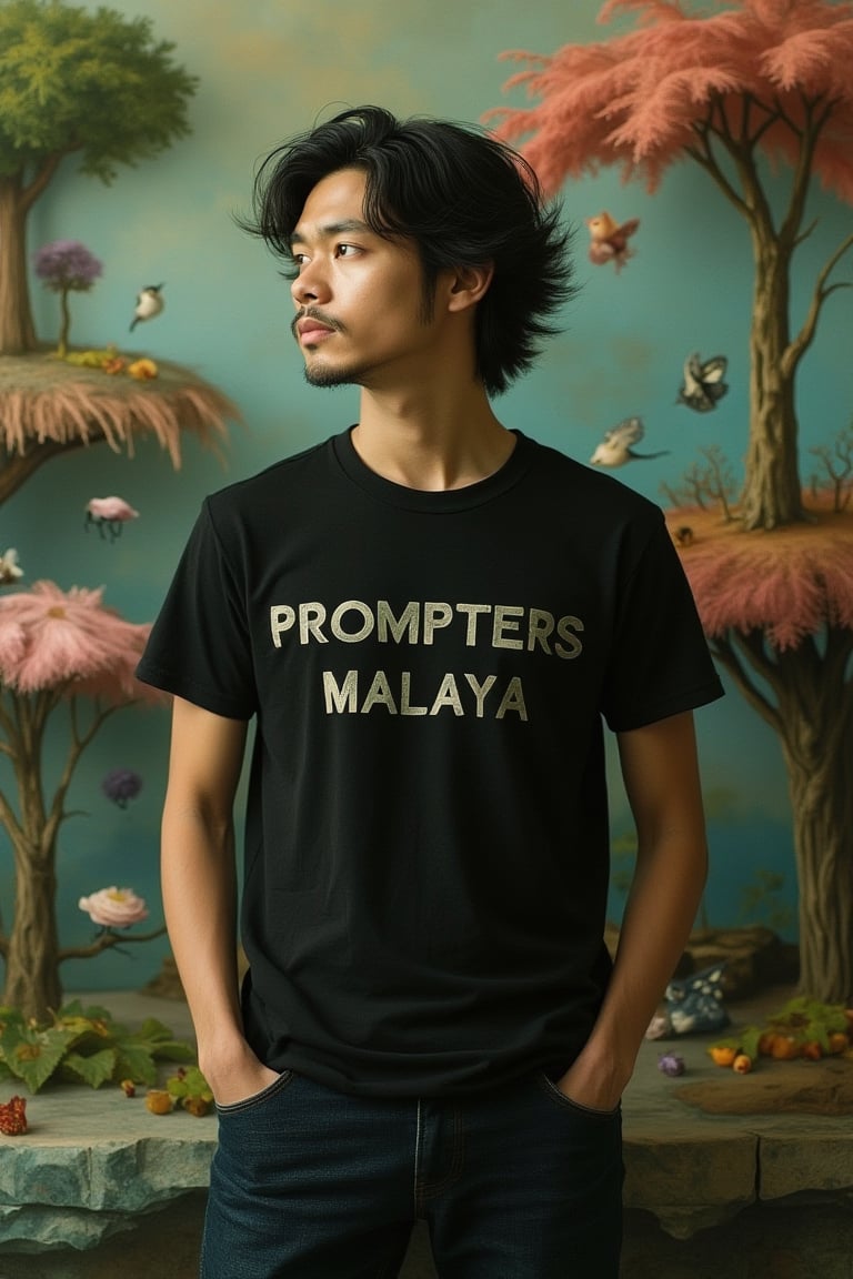 A whimsical scene inspired by Nicoletta Ceccoli and Daria Petrilli, featuring a man wearing a black tee shirt with the words PROMPTERS MALAYA. The composition is framed mid-shot, capturing his casual pose and the intricate details of his attire. The lighting is soft and dreamlike, casting a gentle glow on his figure. The background is a fantastical, surreal landscape with vibrant colors and whimsical elements, emphasizing the magical atmosphere.