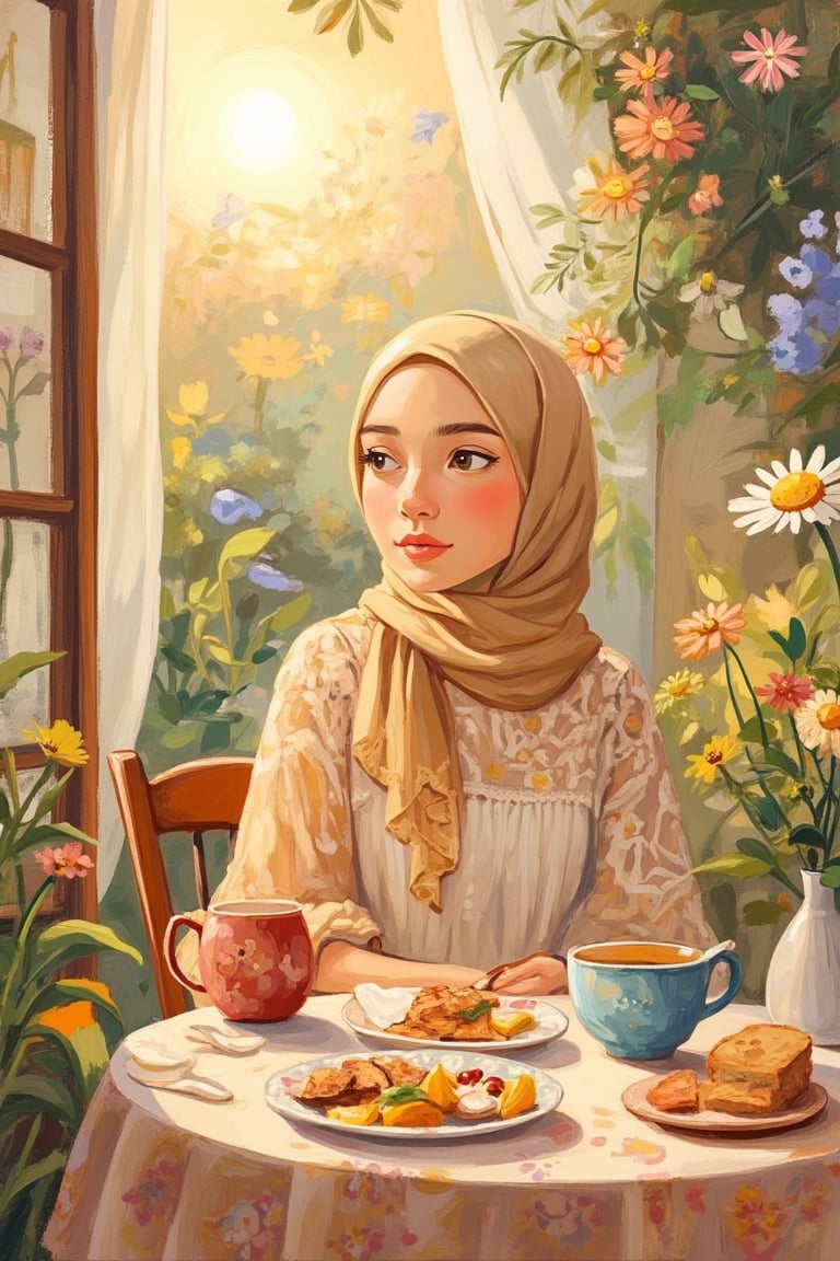 A Tove Jansson-inspired illustration of a Malay woman wearing a hijab and a loose dress, seated at a table enjoying breakfast in the morning. The soft, warm light of dawn illuminates her serene expression and the delicate patterns of her dress. The composition is cozy, with the table set with a simple breakfast, and the woman's hijab and dress flowing gently. The background features a peaceful, homey setting, evoking a sense of comfort and tranquility.