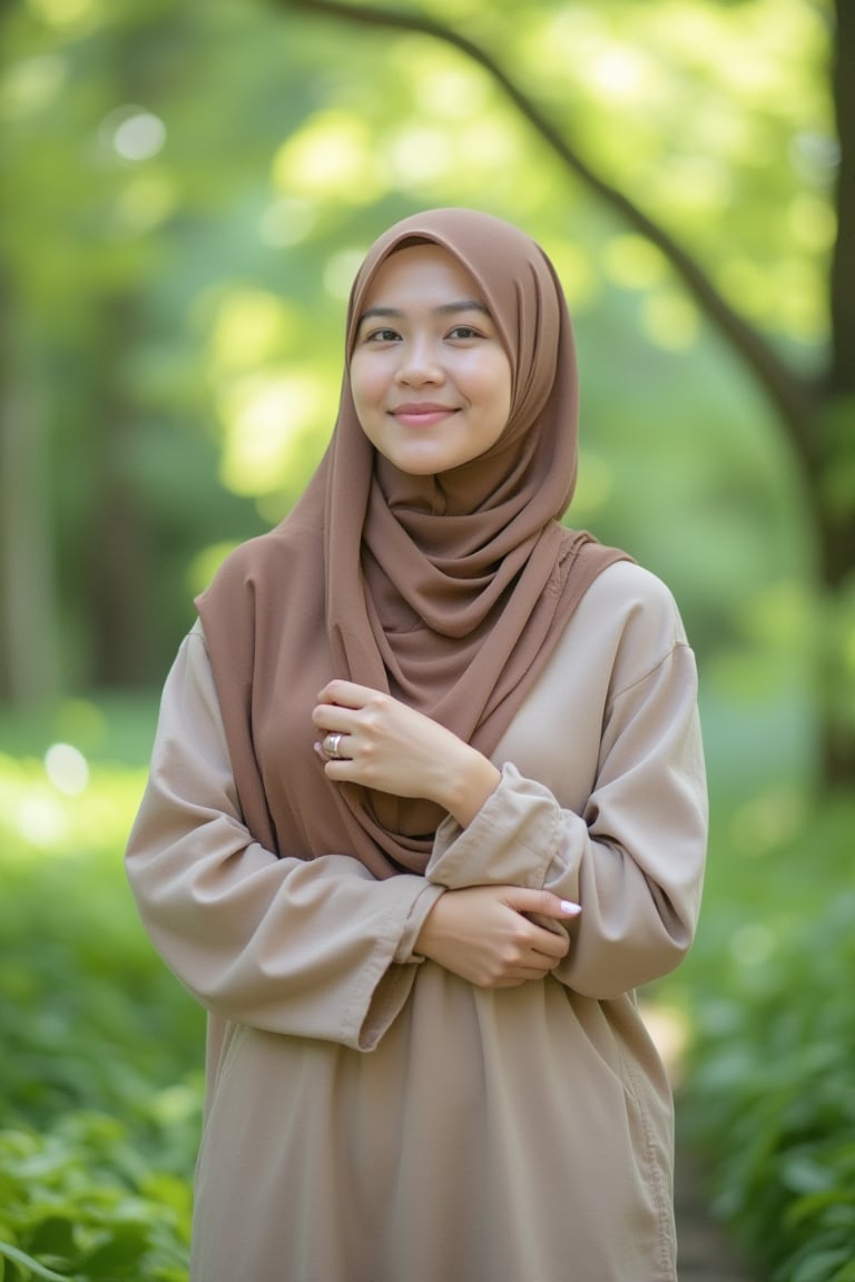 A pretty Malay woman, wearing minimalist and casual clothing, plain hijab, smiling softly, standing in a nature background with lush greenery and sunlight filtering through the trees, medium shot, soft natural lighting, composition centered on her face and upper body, serene and peaceful atmosphere.