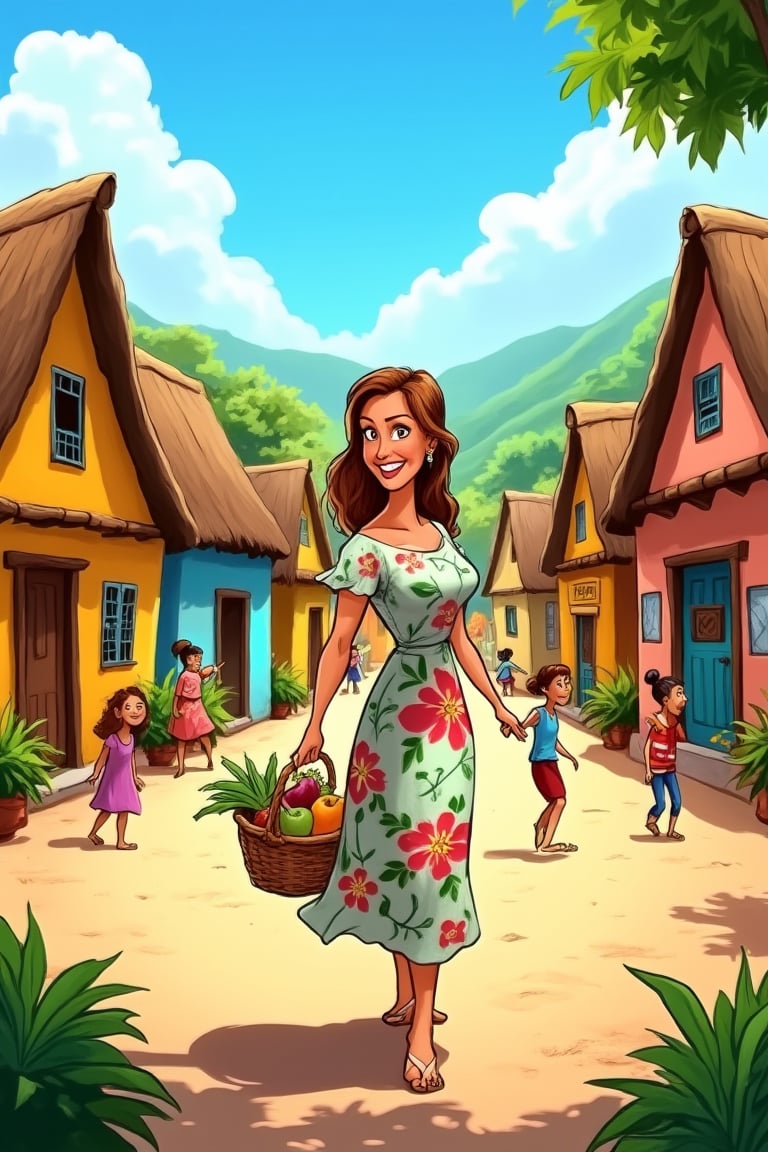 A vibrant cartoon scene of a woman standing in a quaint village, surrounded by colorful houses with thatched roofs. The woman is smiling, wearing a floral dress, with a basket of fresh produce in her hands. The village square is bustling with activity, children playing, and villagers going about their day. The scene is brightly lit with warm sunlight, casting playful shadows. The composition is dynamic, capturing the lively atmosphere of the village.