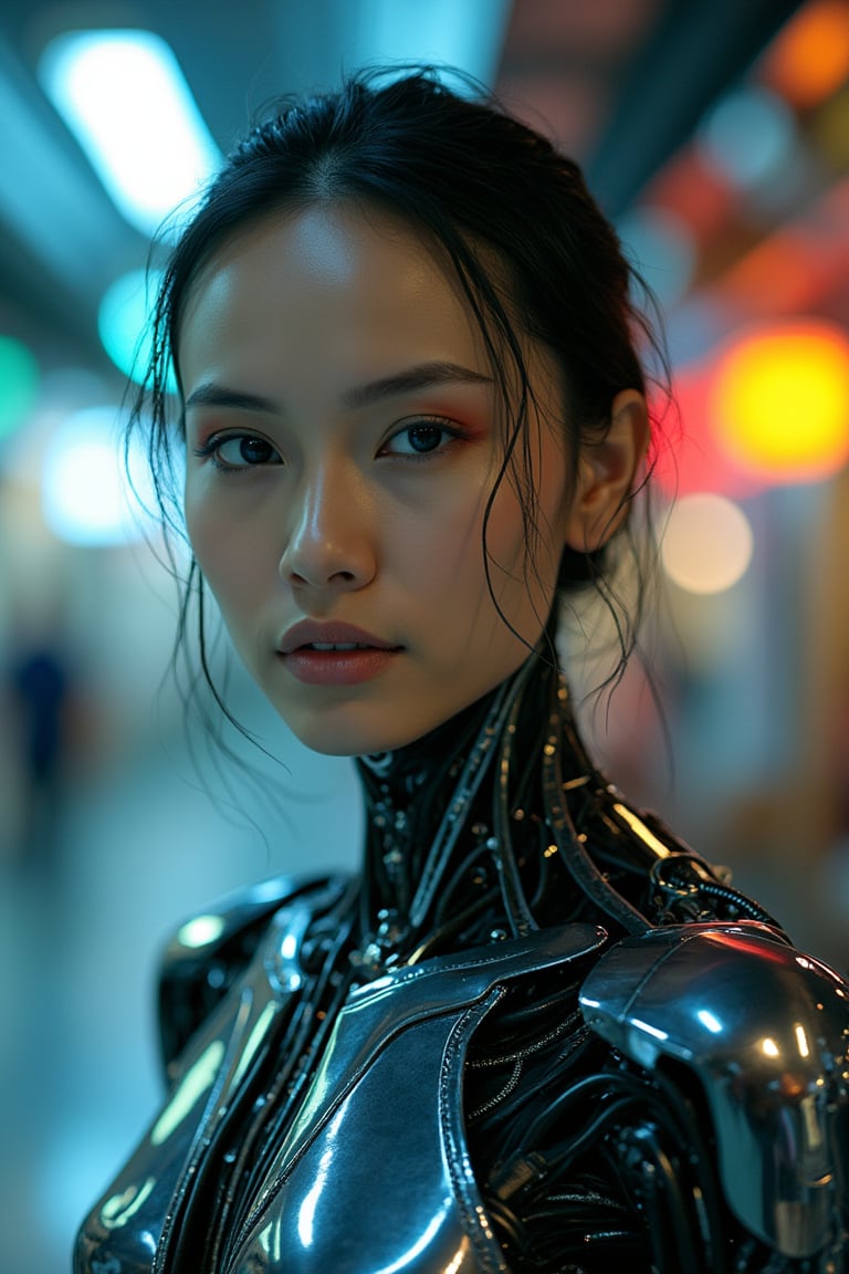 A Malay woman, with a sleek cyborg mecha integrated into her body, standing in a futuristic urban setting, high-tech environment with neon lights, medium shot, dynamic lighting highlighting the metallic details, composition focused on her face and cyborg enhancements, intense and futuristic atmosphere.