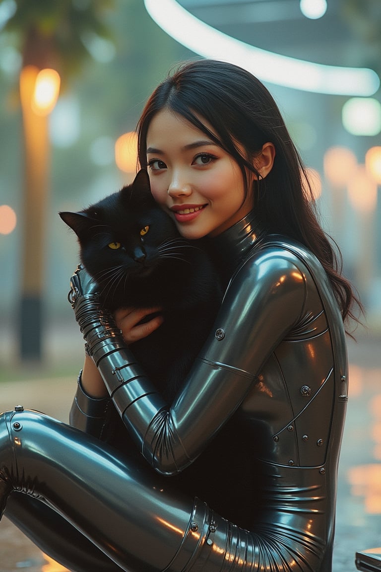 A woman sits in a futuristic park, holding a black cat, rendered in Hajime Sorayama's hyper-realistic style. She wears a sleek, metallic outfit that accentuates her curves, with intricate cybernetic enhancements visible on her limbs. Her expression is serene, with a subtle, inviting smile. The lighting is soft and diffused, highlighting the contours of her body and the delicate details of the cat's fur. The composition frames her from mid-torso to above her head, capturing her pose and the detailed textures of the park's environment. The background features advanced, neon-lit park elements, all in Sorayama's iconic sci-fi aesthetic.