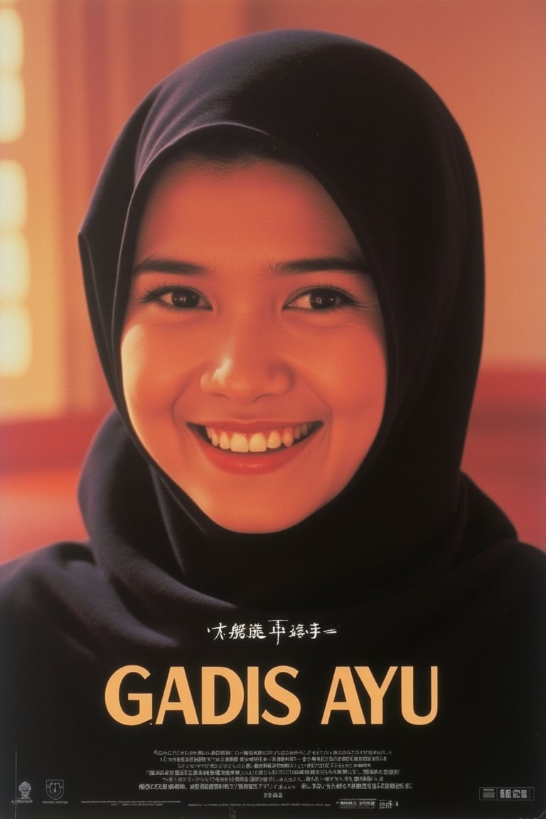 1986 Japanese anime movie poster featuring GADIS AYU, a pretty Malay woman smiling, wearing a black hijab and baju kurung. The poster showcases a mid-shot of the woman, with soft, warm lighting highlighting her elegant attire and radiant smile. The composition emphasizes her traditional Malay dress and the cultural richness of her appearance. The background is minimalistic, allowing her to be the focal point. The text is elegantly placed, blending with the serene atmosphere of the scene. The overall design captures the essence of beauty and cultural pride.