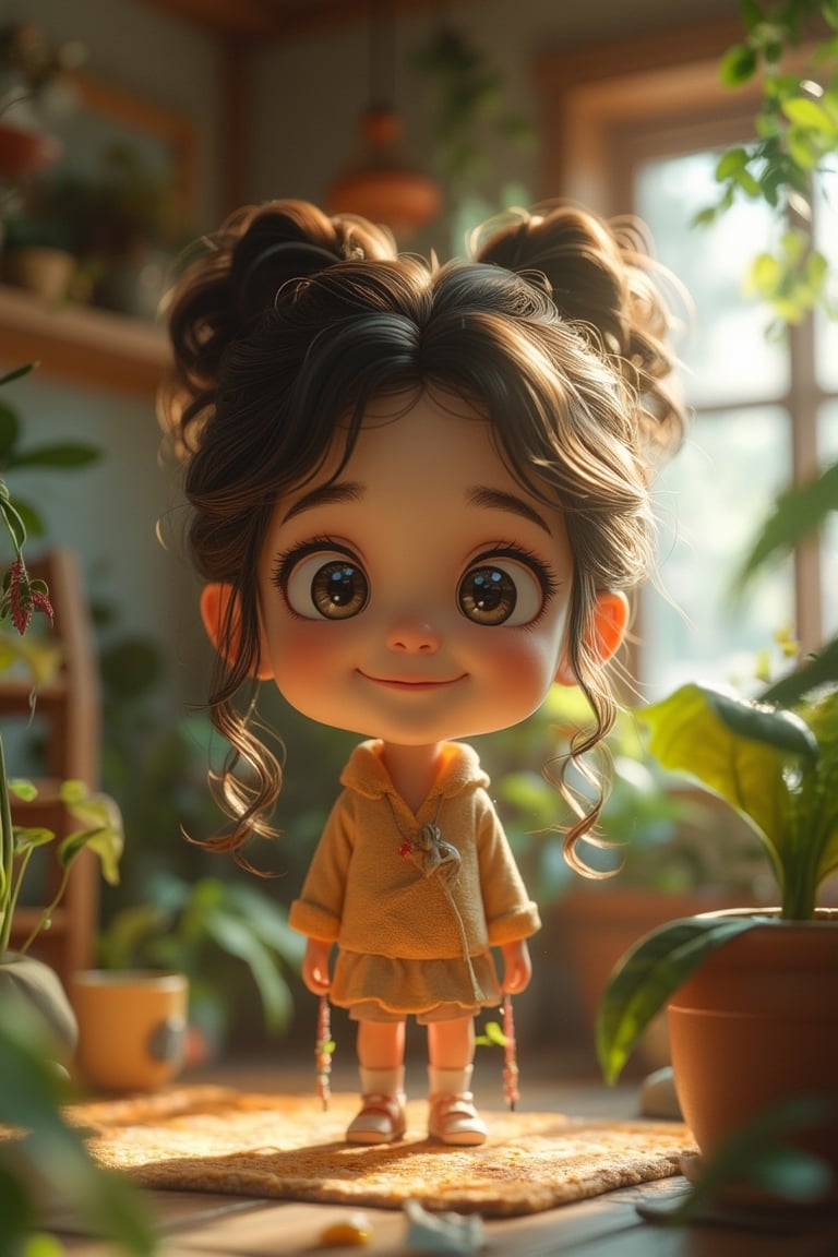 Full body shot of a cute, cheeky Ghibli-style girl with wavy ponytail hair, smiling with long eyelashes. She stands in a cozy, animated house interior with warm, diffused light. The composition is lively, capturing her playful expression and detailed features, set against a charming, whimsical background.