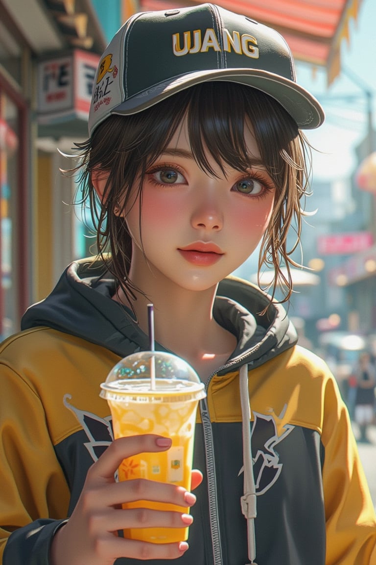 Hyper-realistic anime character, close-up face, wearing a black and yellow hoodie, cap with UJANG written, holding a boba drink, soft lighting, centered composition, detailed facial features, warm skin tones, gentle smile, slight blush, serene expression, urban background, pastel color palette, slight breeze in hair, calm atmosphere.