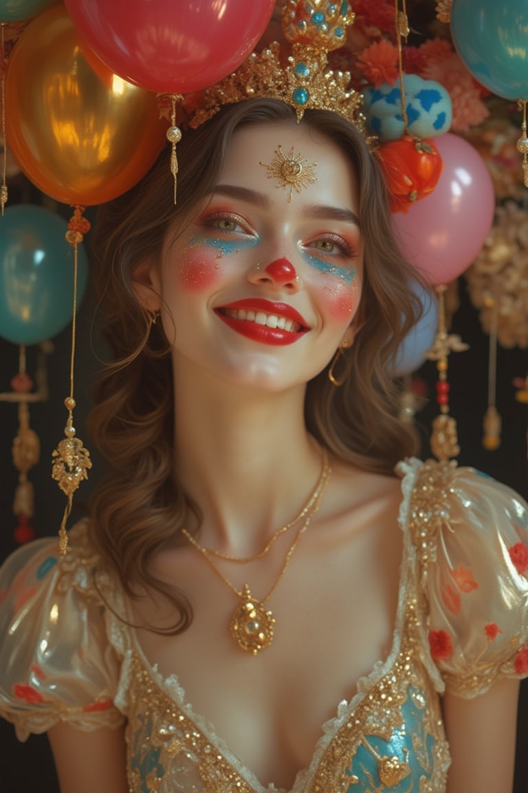 A beauty woman in a Pixomeda style, vibrant and surreal, with a clown-style appearance. She is framed in a mid-shot, wearing a princess dress and clown makeup, exuding a happy and whimsical vibe. Soft, warm lighting highlights her elegant features and joyful expression. Her pose is playful, with a bright smile. The composition is balanced, with intricate details and a dreamlike atmosphere. The background is abstract and colorful, enhancing her unique and enchanting presence.