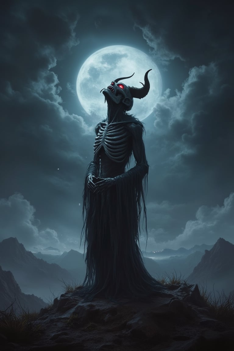 Wide shot of a demonic, creepy skeletal figure standing on a desolate hill at night. The skeletal figure has glowing red eyes and jagged, dark horns, its bony hands clutching a tattered cloak. The sky is filled with swirling dark clouds, casting an eerie, ominous glow on the scene. The skeletal figure's pose is menacing, with its head tilted back as if howling at the moon. The composition emphasizes the vast, desolate hill and the skeletal figure's dominance over the environment.