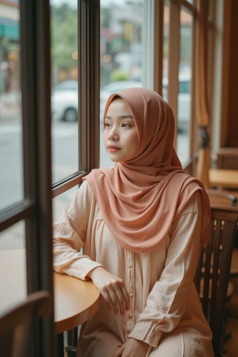 A young lady, wearing a baju kurung, fashionista style, long loose pastel hijab, plain yet vibrant color cloth, sitting in a cafe, looking outside from a cafe window, medium shot, warm cafe lighting, composition centered on her stylish outfit and contemplative expression, cozy and vibrant atmosphere.