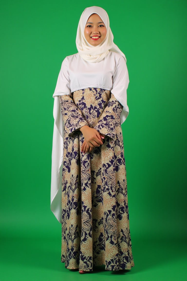 A beautiful Nusantara Malay woman smiling with a flower batik pattern loose kaftan abaya, wearing a white long loose hijab. She stands politely with hands held together, full body shot, facing the camera on a solid green background. --ar 9:16 --style raw --stylize 200 --v 6