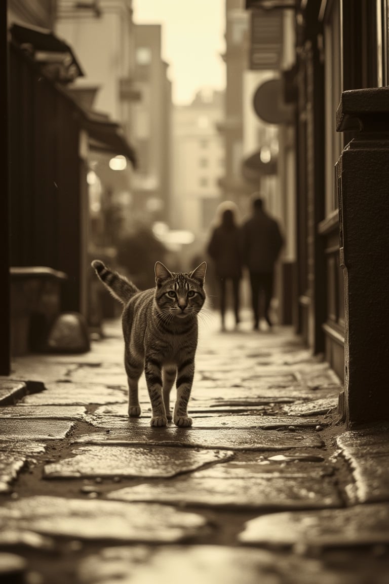 A DSLR-quality image of a tabby cat walking on a wet stone pathway in the city, captured in sepia tones. The cat's fur is detailed, with droplets of water glistening on its coat. The composition frames the cat from a low angle, highlighting the texture of the wet stones and the urban environment. The sepia tones give the scene an old-world, nostalgic feel. The lighting is soft, with diffused light enhancing the mood. The location is a quiet corner of the city, with the cat's movement adding a sense of life and curiosity to the scene.