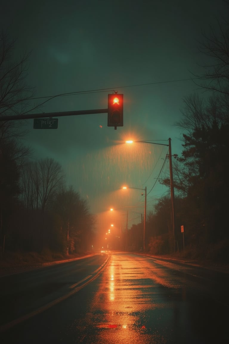 A VHS effect-laden image of a rainy night, capturing the nostalgic graininess and color distortions. The scene is framed with a traffic light in the center, casting a warm, golden hue over a wet road. The lighting is soft and diffused, with raindrops creating a shimmering effect. The composition emphasizes the empty road, with a slight tilt to add to the retro feel. The shot is slightly tilted, adding to the vintage feel.