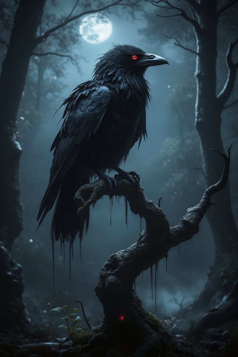 Wide shot of a demonic, creepy raven perched on a gnarled, twisted tree branch at night. The raven's eyes glow with an eerie red light, and its feathers are pitch black, blending into the shadows. The tree is surrounded by a dense, foggy forest, with moonlight casting a faint, ghostly glow on the scene. The raven's pose is alert and menacing, with its head tilted slightly as it gazes into the distance. The composition emphasizes the dark, foreboding atmosphere and the raven's sinister presence.