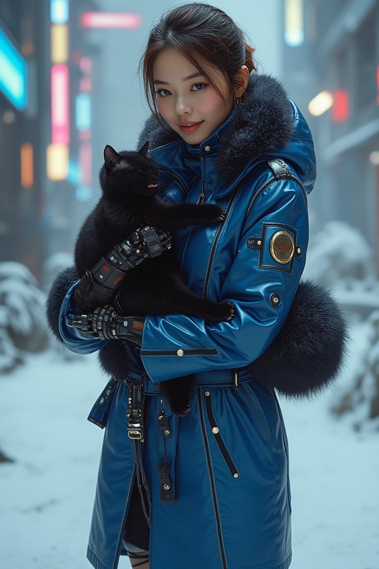 A woman in a blue and black trench coat with fur trim, rendered in Hajime Sorayama's hyper-realistic style, stands confidently in a winter setting. She holds a black cat, its fur detailed and lifelike. The coat is sleek and form-fitting, with intricate patterns and cybernetic enhancements visible on her limbs. Her expression is serene, with a subtle, inviting smile. The lighting is dramatic, casting sharp shadows and highlighting the smooth, metallic sheen of the coat. The composition frames her from mid-torso to above her head, capturing her pose and the detailed textures of the winter environment. The background features snow-covered landscapes and neon lights, all in Sorayama's iconic sci-fi aesthetic.