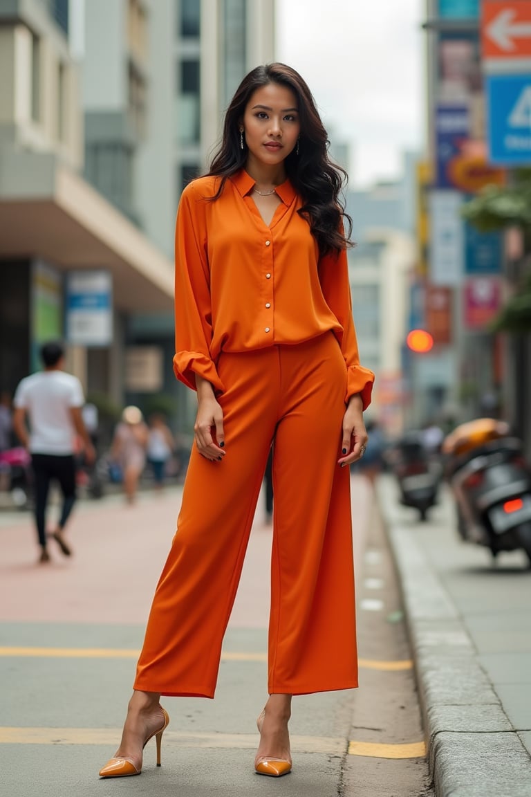 A pretty Malay woman, with long wavy hair, wearing a long-sleeved loose orange blouse shirt, palazzo pants, and heels, standing in a city background with modern buildings and bustling streets, medium shot, warm natural lighting, composition centered on her stylish outfit and confident pose, vibrant and urban atmosphere.