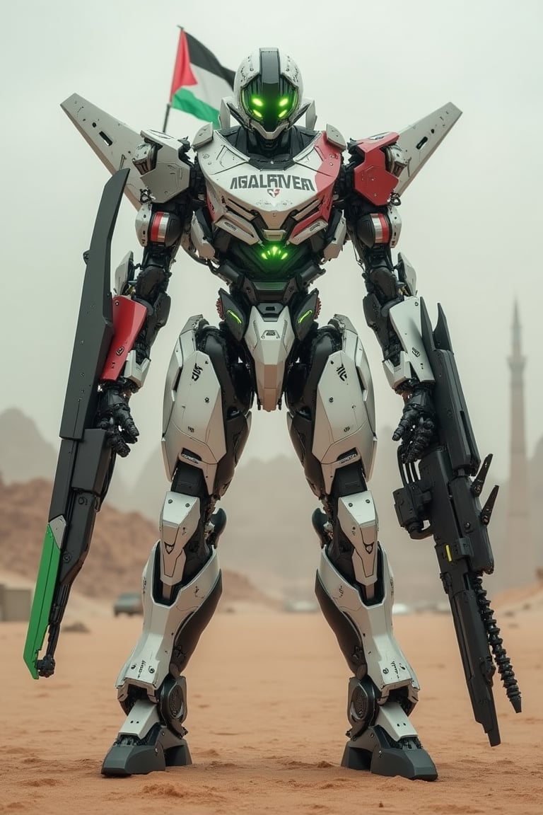 A full-body shot of a horror mecha cyborg, featuring polycarbonate detailing on a matte body suit. The suit is pristine white with red, green, and black transparent sections, detailed with green matte accents. A Palestine flag is prominently displayed on the body suit, and the words PRESTIGES WARFARE MALAYA are written across it. The mecha has neon green glowing eyes and holds a menacing mecha weapon. It stands static in a desert apocalypse city, rendered in HD with octane details. The scene is eerie and atmospheric, with a focus on intricate detailing and a haunting presence.